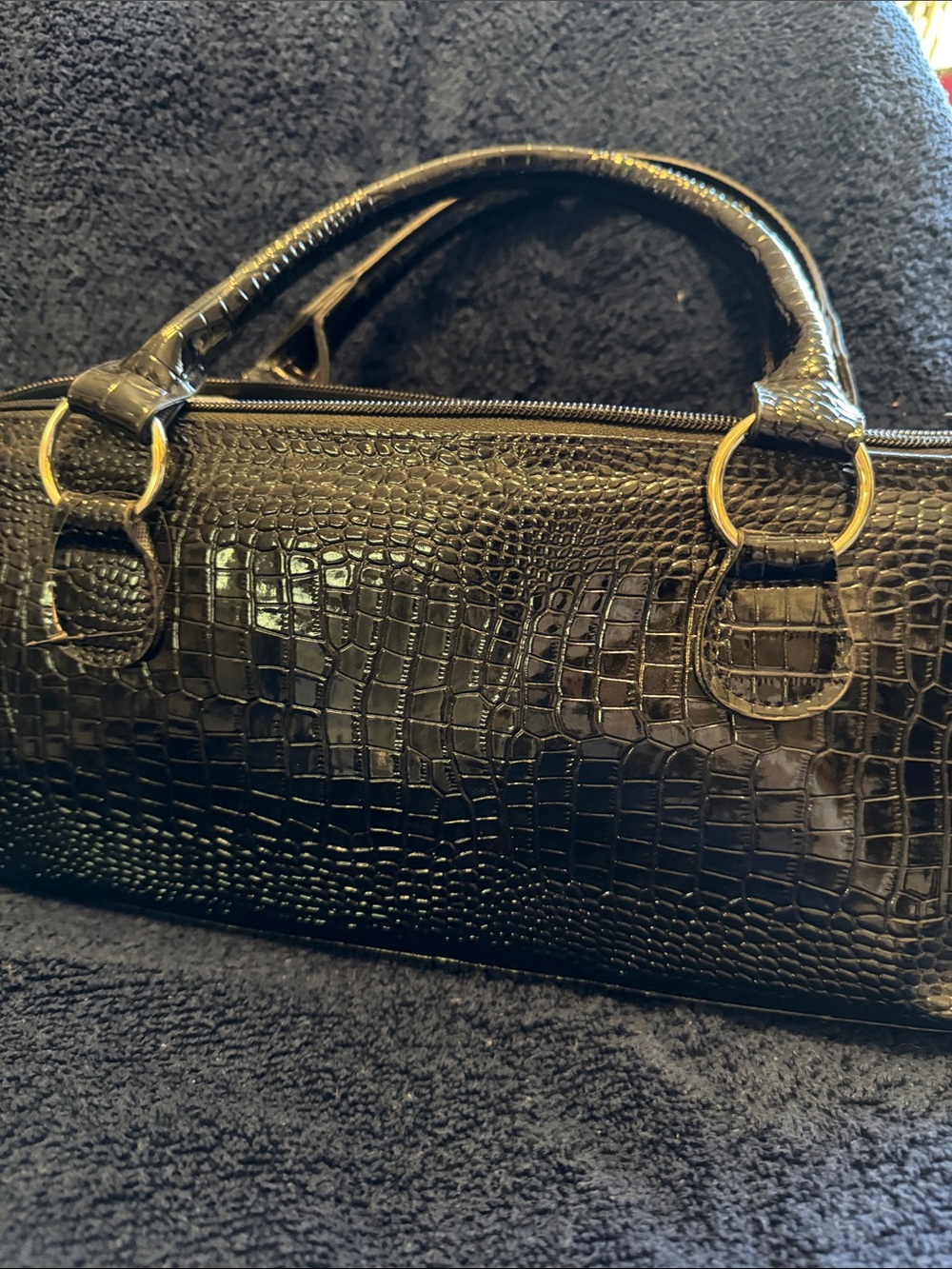Black Croc-Embossed Barrel Shoulder Bag with Gold Rings